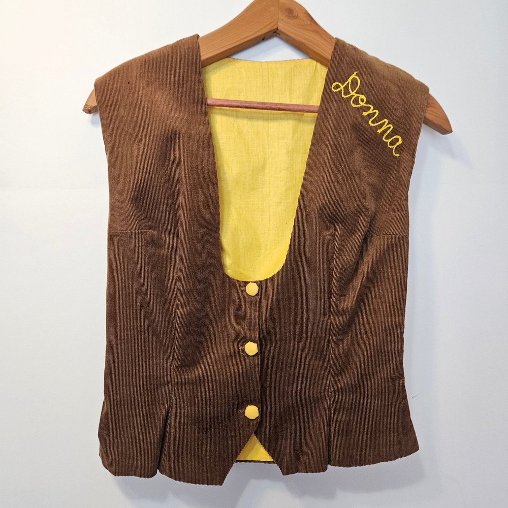 Vtg 70s Brown Corduroy Vest Donna Name Embroidery Yellow Lining Style Handmade M